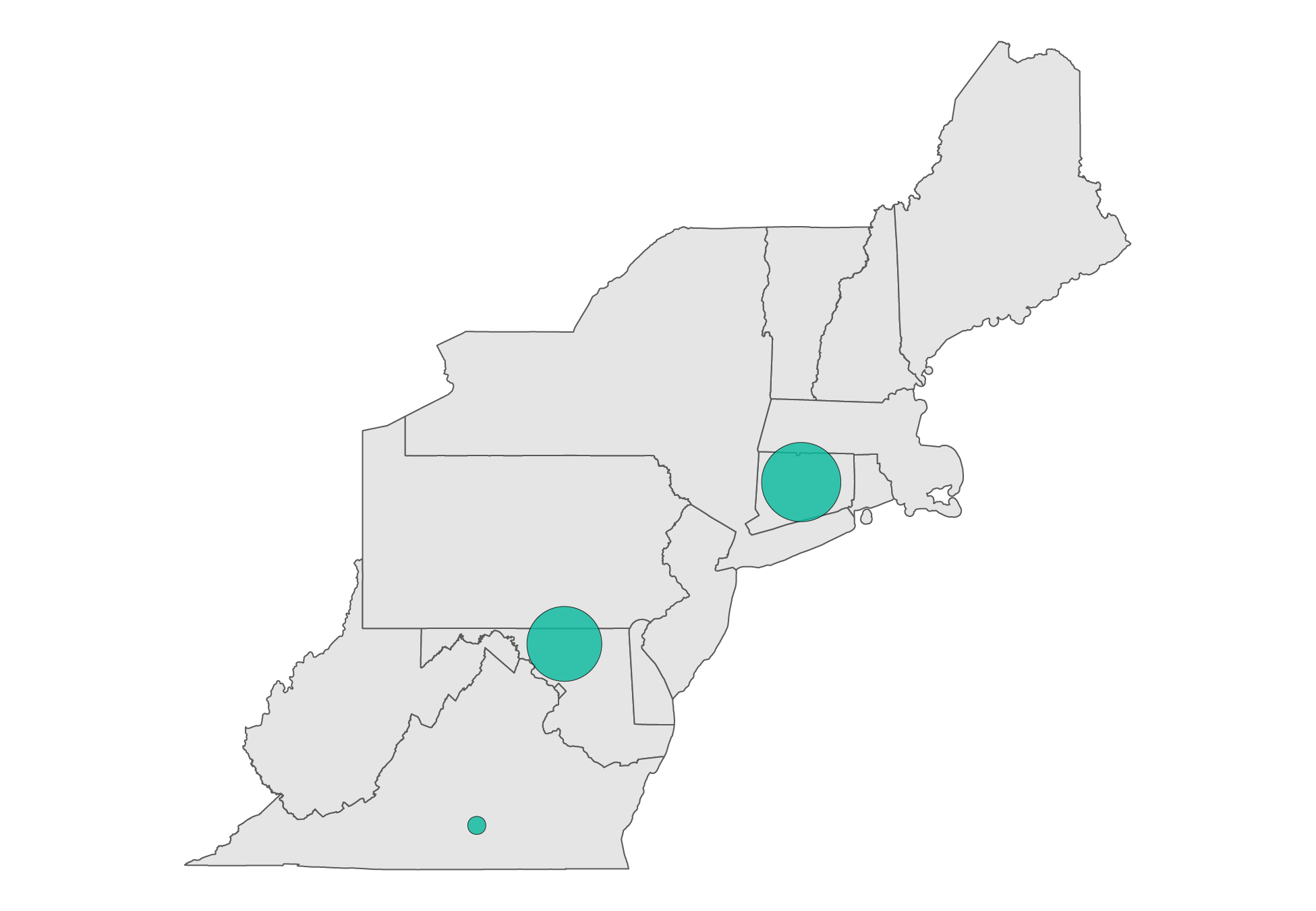 A map of the Northeast region of the United States. There are green circles over Virginia, Maryland, and Connecticut. The size of the circles represents the size of the property tax revenue gap between Black and White students in that state, minus state aid. Virginia has the smallest circle, representing a gap of $1,016. Maryland has a gap of $1,497. Connecticut has the largest circle, representing a gap of $1,574.