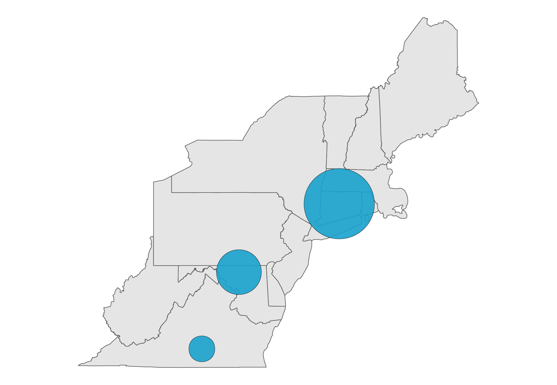 A map of the Northeast region of the United States. There are blue circles over Virginia, Maryland, and Connecticut. The size of the circles represents the size of the property tax revenue gap between Black and White students in that state. Virginia has the smallest circle, representing a gap of $1,294. Maryland has a gap of $2,173. Connecticut has the largest circle, representing a gap of $4,295.