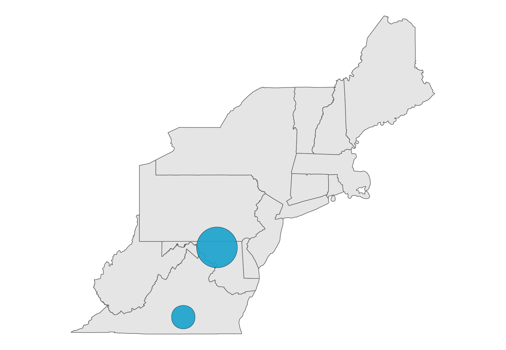 A map of the Northeast region of the United States. There are blue circles over Virginia and Maryland. The size of the circles represents the size of the property tax revenue gap between Black and White students in that state. Virginia has the smaller circle, representing a gap of $1,294. Maryland has a gap of $2,173.
